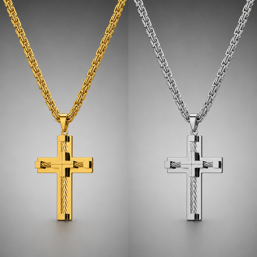 Crown Cross Link Chain Necklace – Gold & Sliver
