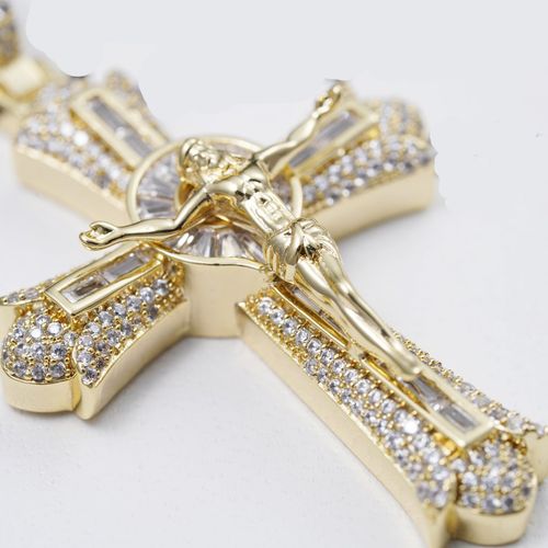 Iced Out 18K Gold Plated Crucifix Cross Necklace - Hand-Set VVS Simulant Stones