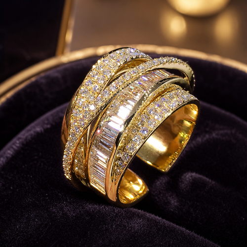 Luxury Gold Baguette Iced Out Ring - Adjustable Empire Fashion Band