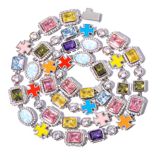 ainbow Cubic Zirconia Necklace Multi Color Enamel Cross Design Iced Out Geometric Gemstone Hip Hop Fine Jewelry