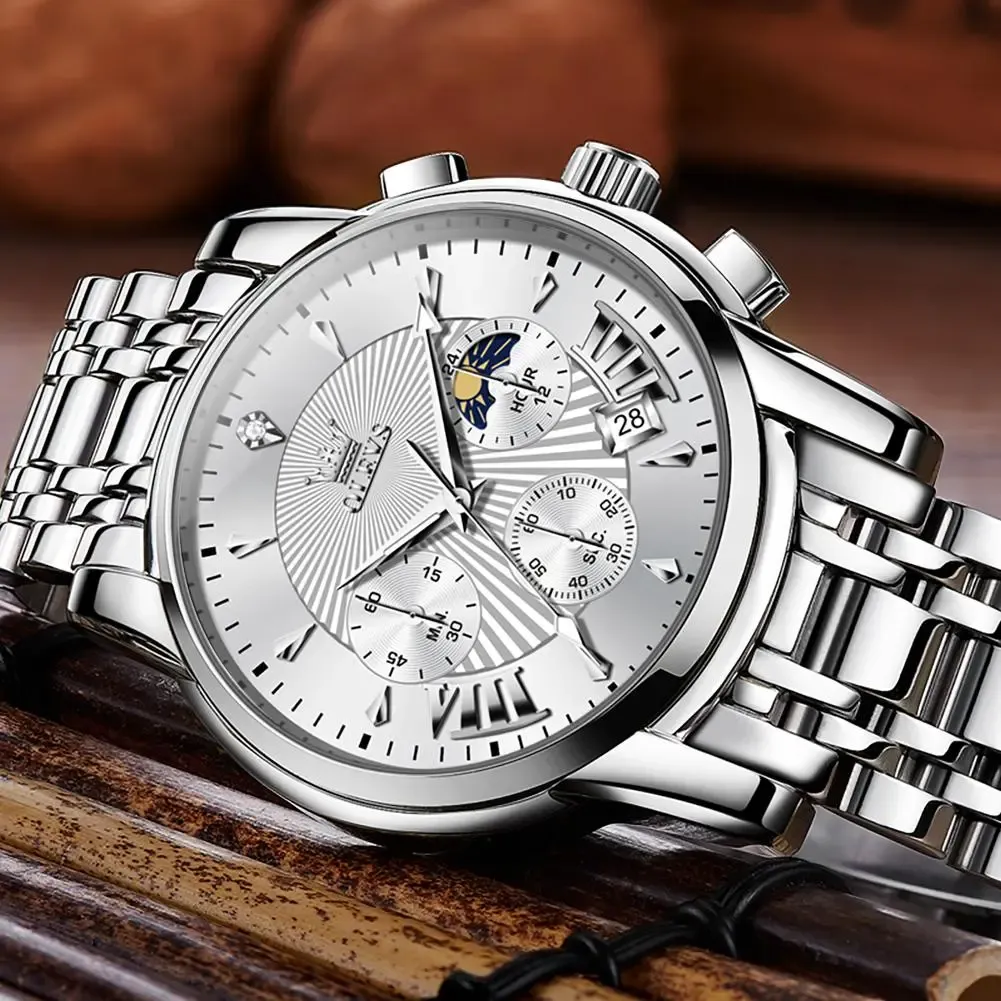 OLEVS 2892 Men's Stainless Steel Quartz Original Watch Smartwatches Waterproof Luminous Chronograph Moon Watch Fashion for Men