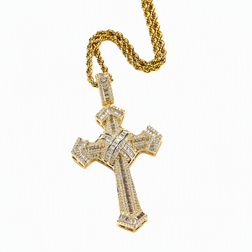 Luxury Iced Out Baguette Cross Pendant - Premium Gold & Silver Hip Hop Necklace