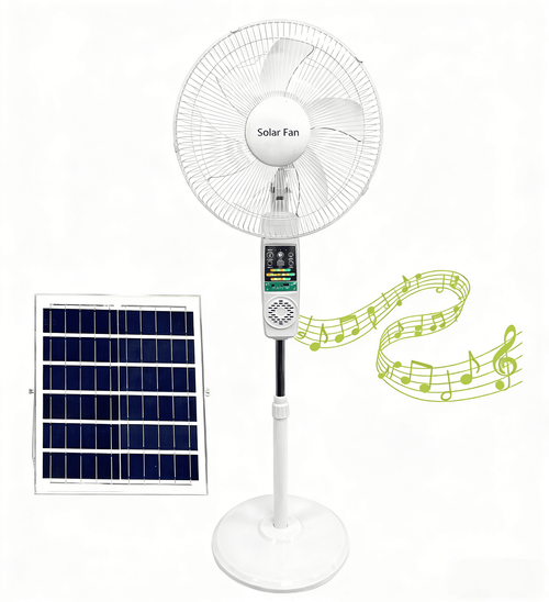 16-Inch Rechargeable Solar Stand Fan with Lithium Battery — Features: Solar Panel, USB Port, RGB LED Strip, LED Light, and Bluetooth Connectivity