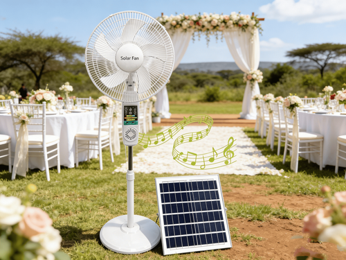 16-Inch Rechargeable Solar Stand Fan with Lithium Battery — Features: Solar Panel, USB Port, RGB LED Strip, LED Light, and Bluetooth Connectivity