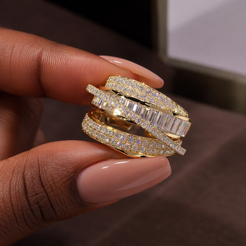 Luxury Gold Baguette Iced Out Ring - Adjustable Empire Fashion Band