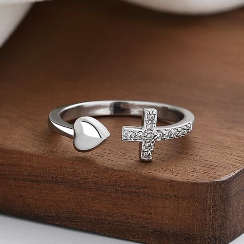 Trendy Cross & Heart Open Ring for Women - Crystal Inlaid Fashion Jewelry