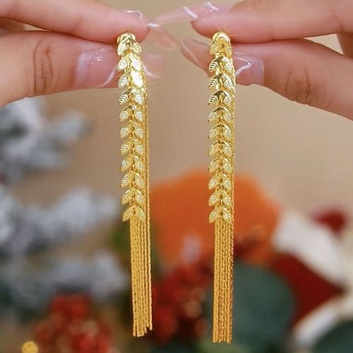 Vietnamese Sand Gold Wheat Tassel Earrings - Long Dangle Design for Elegant Sophistication