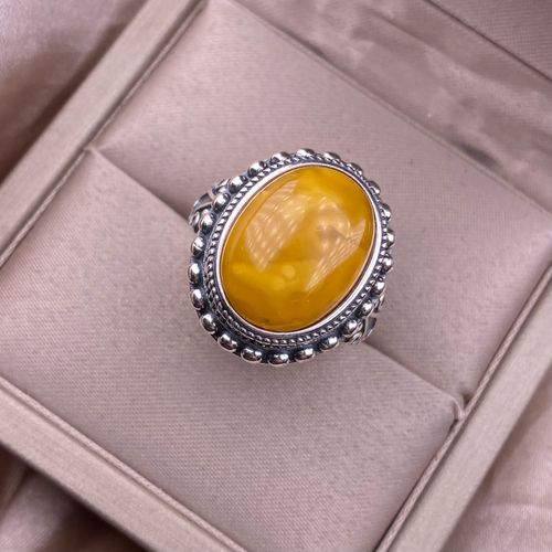 Chiba Thai Silver Amber Ring, Retro Nepalese Style Inlay, Elegant Fashionable OL Unique Statement Amber Band