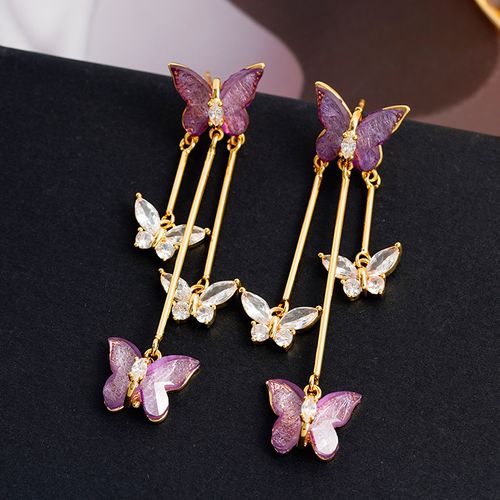 Butterfly Earrings with Purple Crystal | Silver Plated Needle