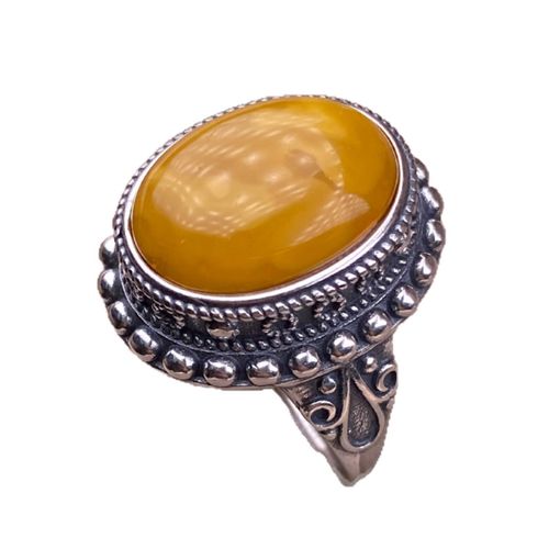 Chiba Thai Silver Amber Ring, Retro Nepalese Style Inlay, Elegant Fashionable OL Unique Statement Amber Band