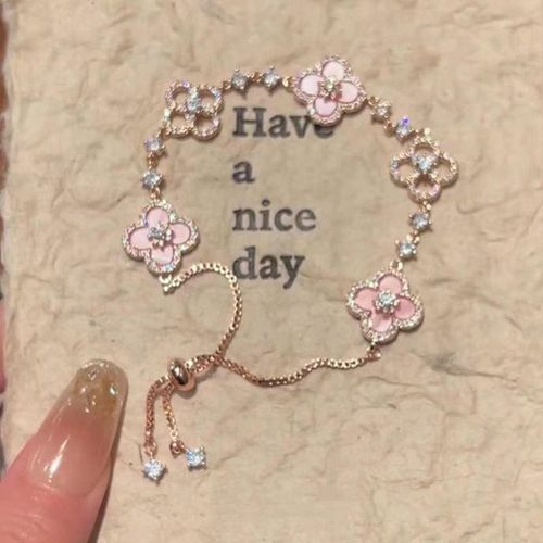 ✨ Delicate Clover Charm Bracelet for Women - Sparkling Zircon & Faux Pink Shell Hollow Design | New Year Luxury Jewelry