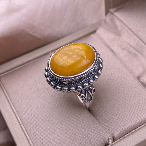 Chiba Thai Silver Amber Ring, Retro Nepalese Style Inlay, Elegant Fashionable OL Unique Statement Amber Band