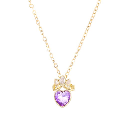 Elegant Purple Heart Pendant Necklace - Crown & Crystal Inlaid Hollow Design | Dainty Collarbone Chain for Women