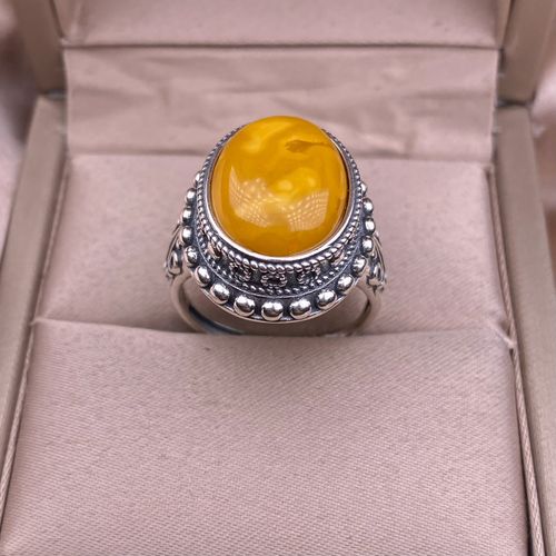 Chiba Thai Silver Amber Ring, Retro Nepalese Style Inlay, Elegant Fashionable OL Unique Statement Amber Band