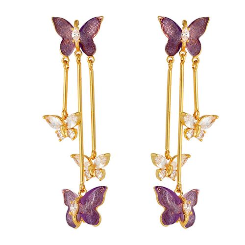 Butterfly Earrings with Purple Crystal | Silver Plated Needle