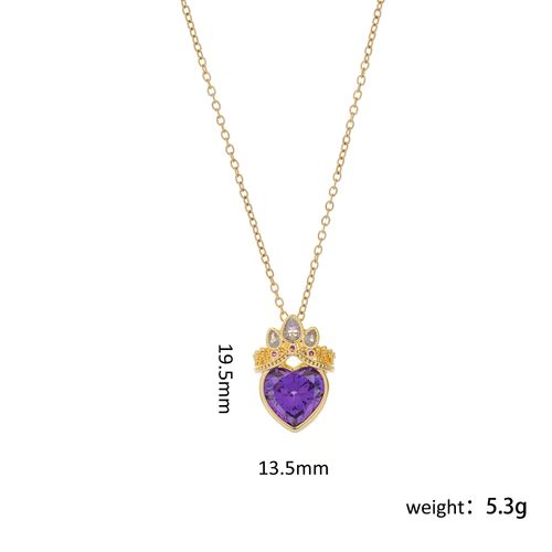 Elegant Purple Heart Pendant Necklace - Crown & Crystal Inlaid Hollow Design | Dainty Collarbone Chain for Women
