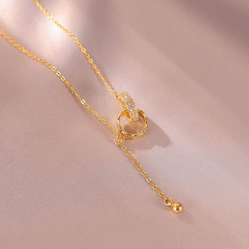 Women's Double-Ring Necklace | Light Luxury Design with Tassel Collarbone Chain & Micro-Inlaid Circular Pendant