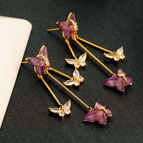 Butterfly Earrings with Purple Crystal | Silver Plated Needle