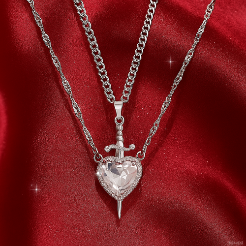 Crystal Heart Dagger Pendant Layered Necklace-Cupid's Arrow Design
