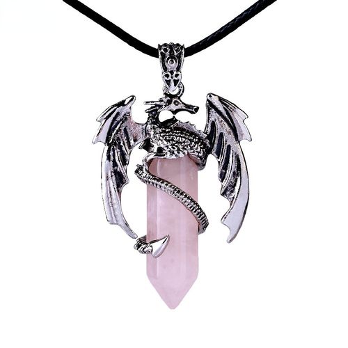 Natural Hexagonal Double-Pointed Retro Pterosaur Pendant Crystal Necklace, Flying Dragon Wrapped Pendant Jewelry