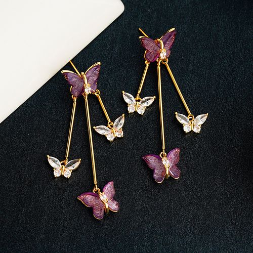 Butterfly Earrings with Purple Crystal | Silver Plated Needle