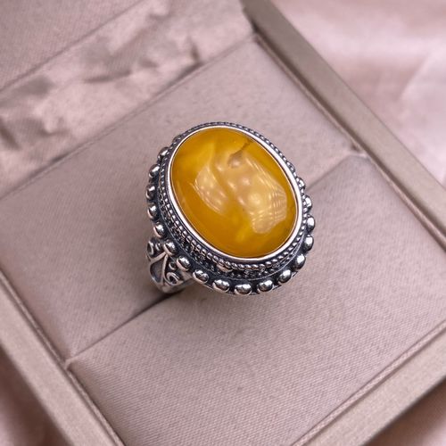 Chiba Thai Silver Amber Ring, Retro Nepalese Style Inlay, Elegant Fashionable OL Unique Statement Amber Band