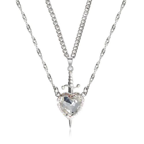 Crystal Heart Dagger Pendant Layered Necklace-Cupid's Arrow Design
