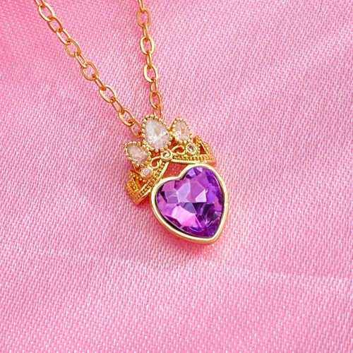 Elegant Purple Heart Pendant Necklace - Crown & Crystal Inlaid Hollow Design | Dainty Collarbone Chain for Women