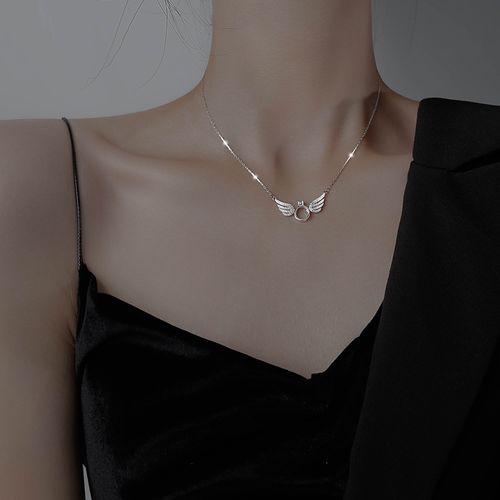 Angel Wing Pendant Necklace for Women - Sparkling Crystal-Embedded, Swingable Design, Dainty Collarbone Chain for Confession