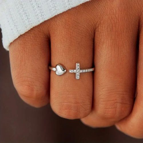 Trendy Cross & Heart Open Ring for Women - Crystal Inlaid Fashion Jewelry