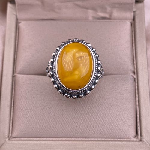 Chiba Thai Silver Amber Ring, Retro Nepalese Style Inlay, Elegant Fashionable OL Unique Statement Amber Band