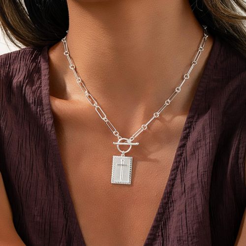 Gold Paperclip Chain Necklace - Stainless Steel Cross & Square Pendant, OT Clasp Faith Necklace for Women | Beach Ready