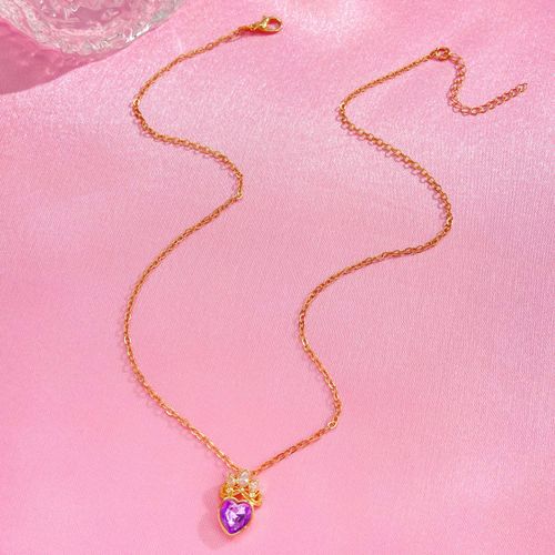 Elegant Purple Heart Pendant Necklace - Crown & Crystal Inlaid Hollow Design | Dainty Collarbone Chain for Women