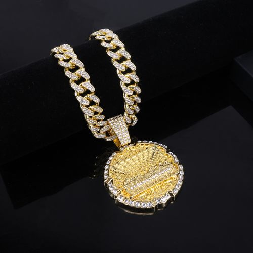 New Hip-hop Men's Necklace, Large Round Dinner Pendant, Alloy Full Diamond Cuban Chain