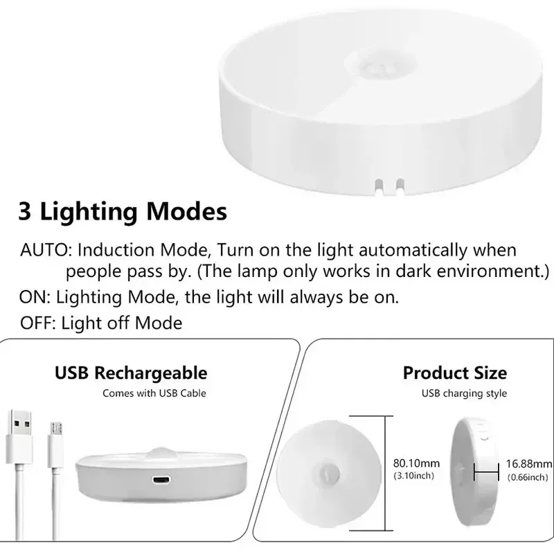 Motion Sensor Light USB Rechargeable Night Light LED Lamp for Kitchen Bedroom Stairs Hallway Cabinet Closet Wardrobe Nightlight