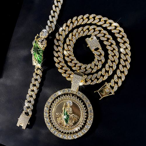 Bestseller Iced Rotatable San Judas Pendant Cuban Chain Necklace & Bracelet for Men Women