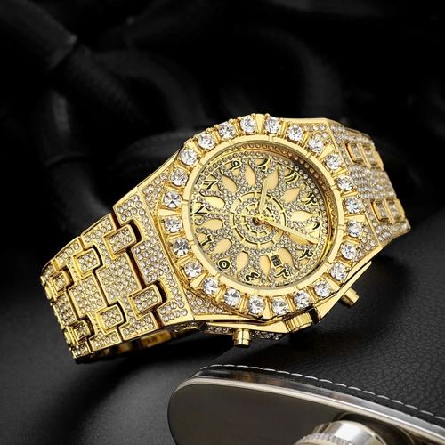 New Luxury Iced Out Full Diamond Watch for Men Hip Hop Arabic Numerals Calendar Waterproof Quartz Wristwatches Relogio Masculino