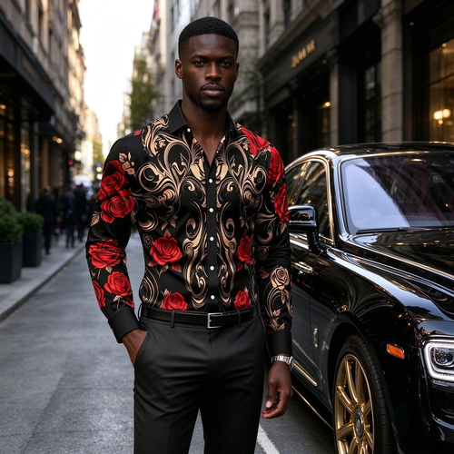 2026 New men's Shirt Fashion Printed Shirt Light Luxury Retro Pattern Slim Fit Long Sleeved men's Business Casual Fashion Top
