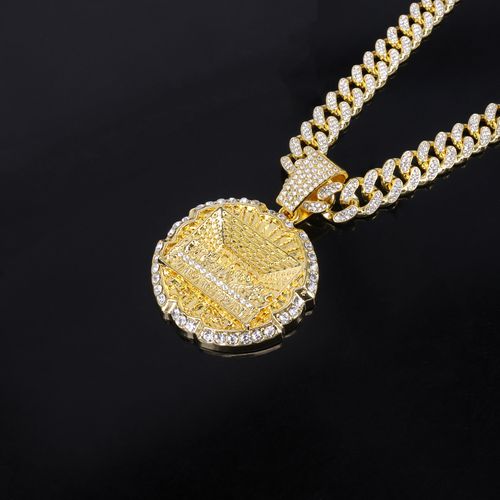 New Hip-hop Men's Necklace, Large Round Dinner Pendant, Alloy Full Diamond Cuban Chain
