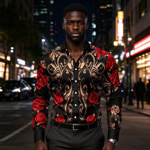 2026 New men's Shirt Fashion Printed Shirt Light Luxury Retro Pattern Slim Fit Long Sleeved men's Business Casual Fashion Top