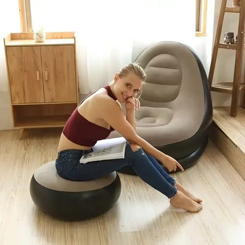 2pcs-set Portable Inflatable Lazy Sofa With Foot Pedal,  Modern Leisure Home Outdoor Camping Movable Flocking Sofa