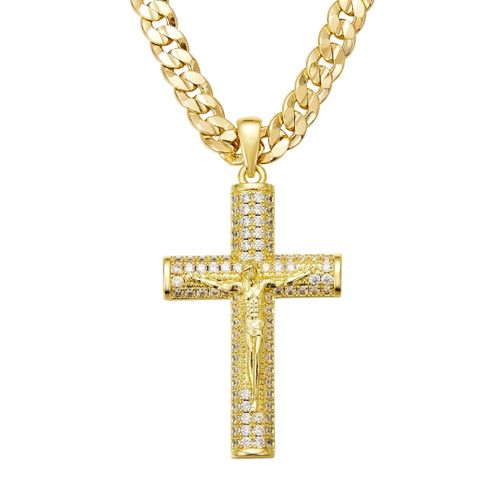 14K Gold-Plated Cross Necklace for Men Advanced Nanotech Tarnish-Free Cuban Figaro Rope Miami Chains with Jesus Crucifix Pendant
