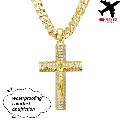 14K Gold-Plated Cross Necklace for Men Advanced Nanotech Tarnish-Free Cuban Figaro Rope Miami Chains with Jesus Crucifix Pendant