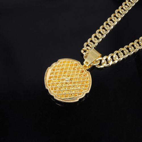New Hip-hop Men's Necklace, Large Round Dinner Pendant, Alloy Full Diamond Cuban Chain