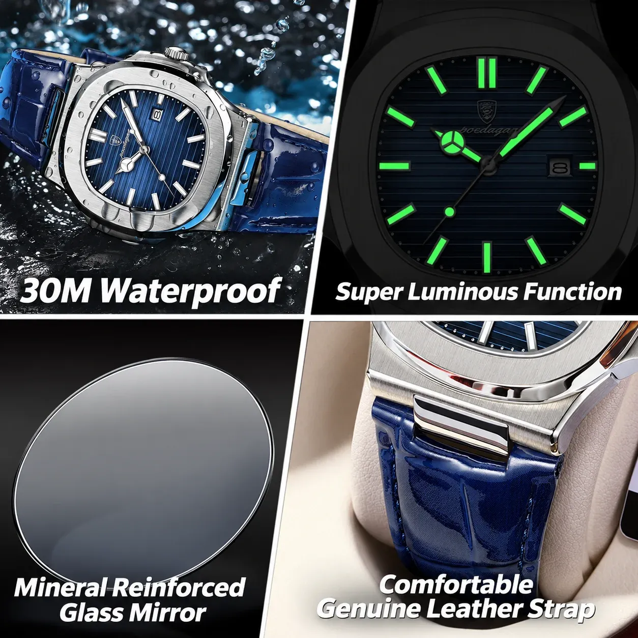 Square Man Watch Date Waterproof Luminous Luxury Men Wristwatch High Quality Leather Men's