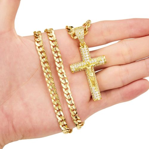14K Gold-Plated Cross Necklace for Men Advanced Nanotech Tarnish-Free Cuban Figaro Rope Miami Chains with Jesus Crucifix Pendant