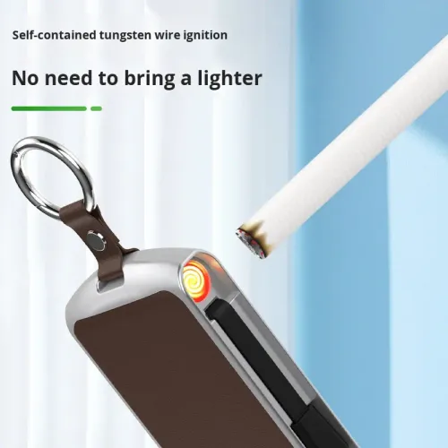 K106 Portable Mini Keychain Power Pack, featuring dual-line emergency lithium polymer batteries, mini cigarette lighter, and dual charging cables
