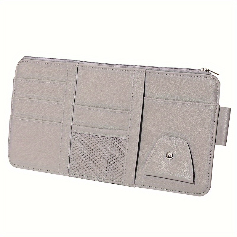 Durable Gray PU Leather Car Visor Organizer with Multiple Compartments - Fashion Glasses, CD Slots & Dashboard Storage for Smartphones