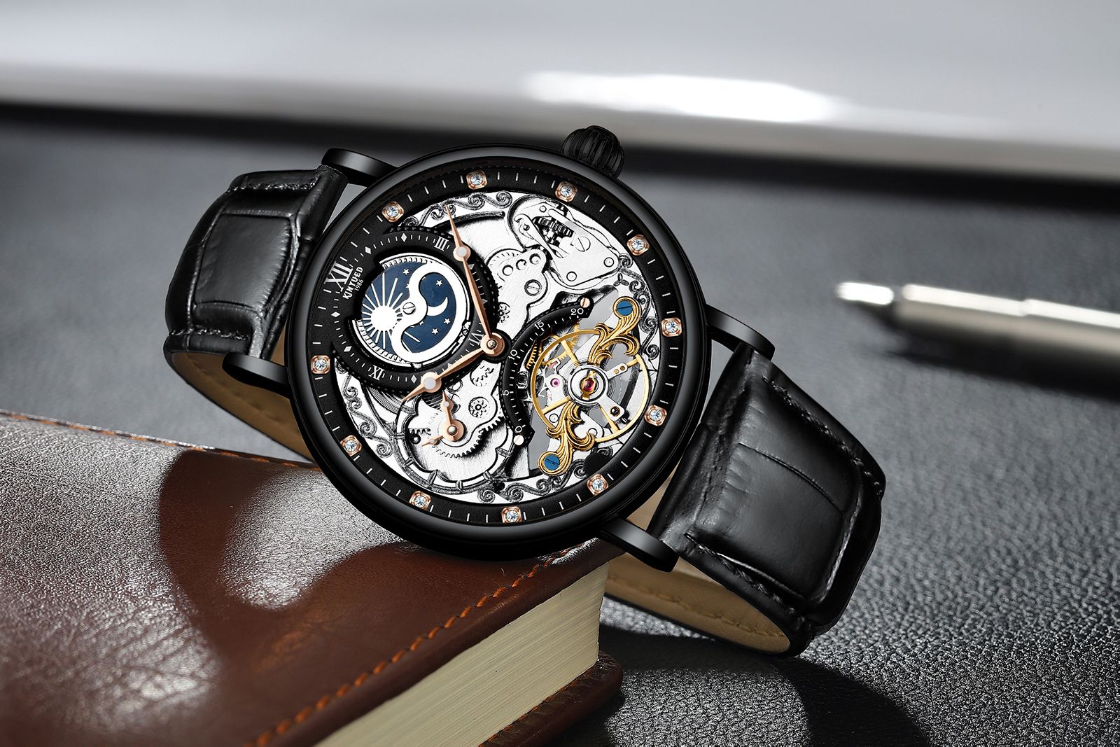 KINYUED Luxury Double Sided Hollow Tourbillon Automatic Mechanical Watch Rhinestone Luminous, Waterproof, Hollowed out dial, Leather Strap, Ideal Gift for Men