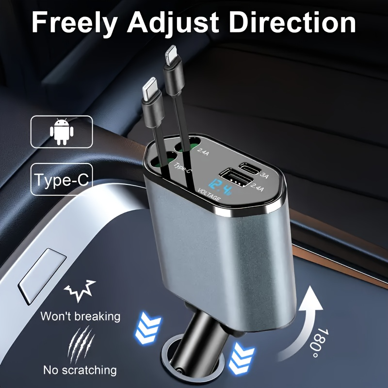 4-in-1 120W Retractable Car Charger - 180° Rotating Base, Fast Charging